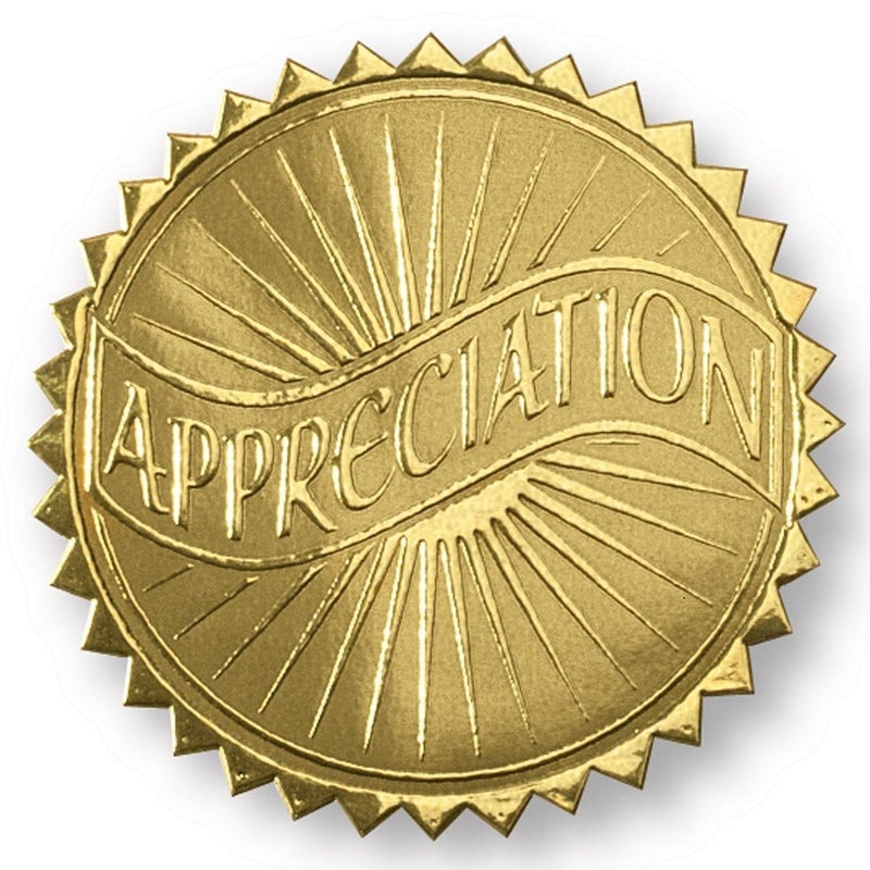 PaperDirect Appreciation Banner Embossed Gold Foil Certificate Seals, 2 Inch, Self Adhesive, 100 Count, Embossed Seals for Certificates, Achievement and Award Stickers for School, Work, Diploma